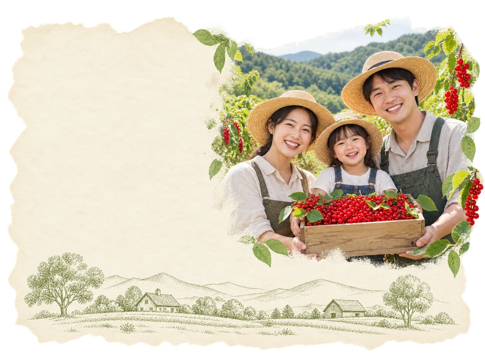 오미자 바구니를 든 가족과 시골 풍경을 담은 종이 콜라주. 실제 농원 가족을 촬영한 사진이 아닌 브랜드 연출 이미지입니다.